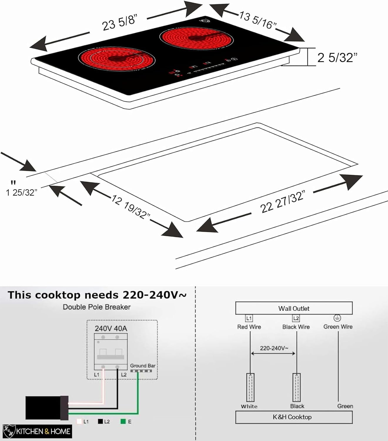 K&H German Designed 2 Burner Dual 24 Inch Built-in Electric Stove Top Radiant Ceramic Kitchen Cooktop Sensor Control 240V 3400W HCC-3402
