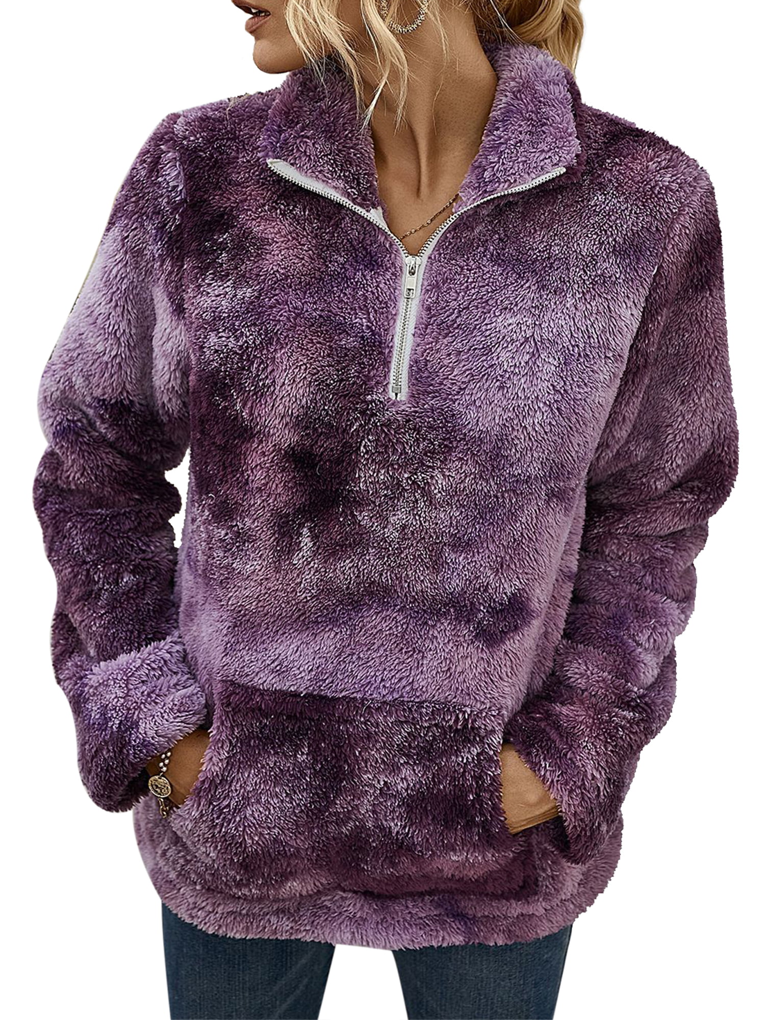 FUNEY Womens Casual Plush Sherpa Fleece Pullover Sweatshirts Long Sleeve 1/4 Zipper Collar Jacket Coat Tops Blouse 