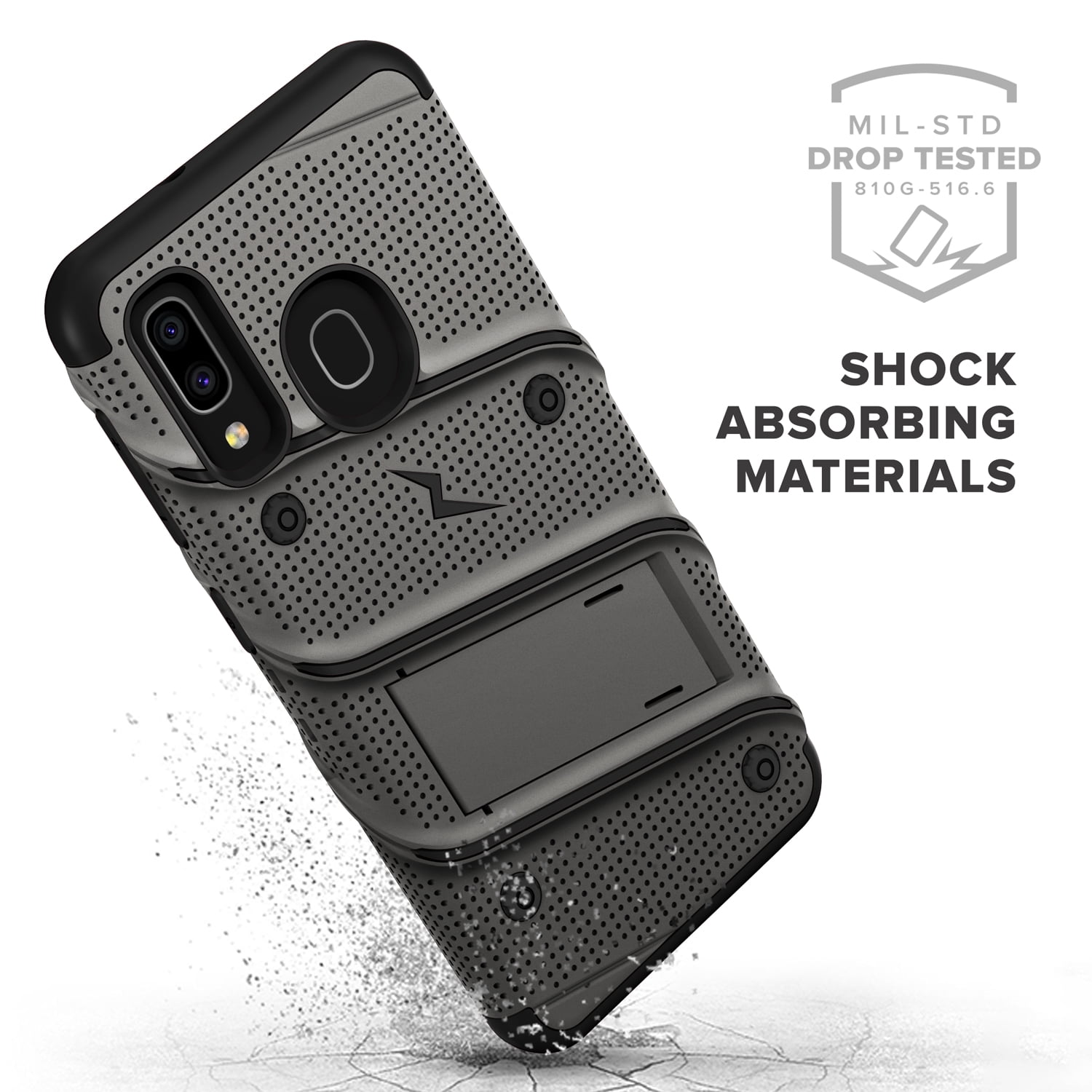 ZIZO BOLT Series for Samsung Galaxy A20 Case | Heavy-duty Military-grade Drop Protection w/ Kickstand Included Belt Clip Holster Tempered Glass Lanyard Galaxy A50 - Metal Gray