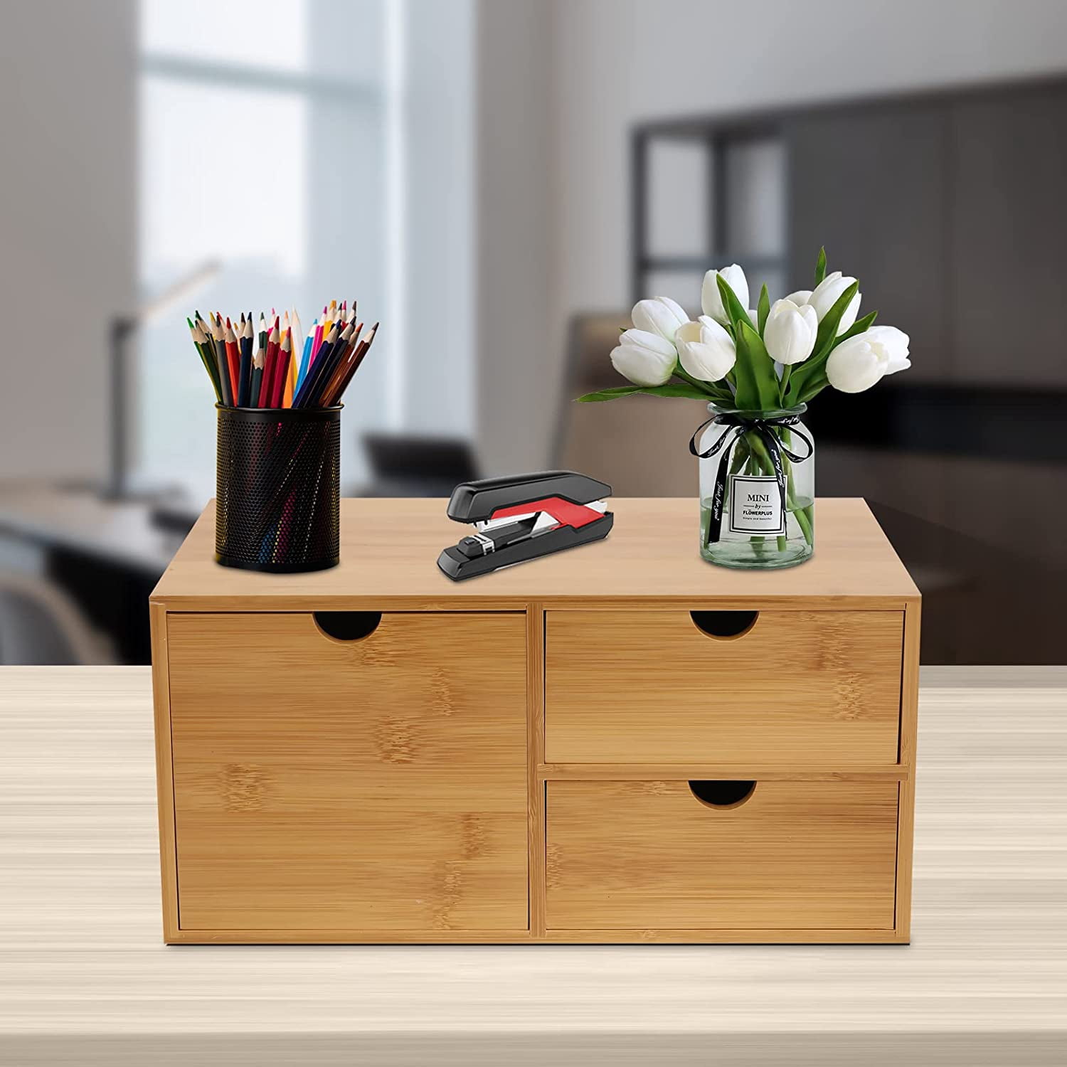 Miumaeov Bamboo Desk Organizer with 3 drawer Office Supplies and Desk Accessories for Office Home Toiletries Supplies Holder Storage Box 12.99*7.48*6.3inch