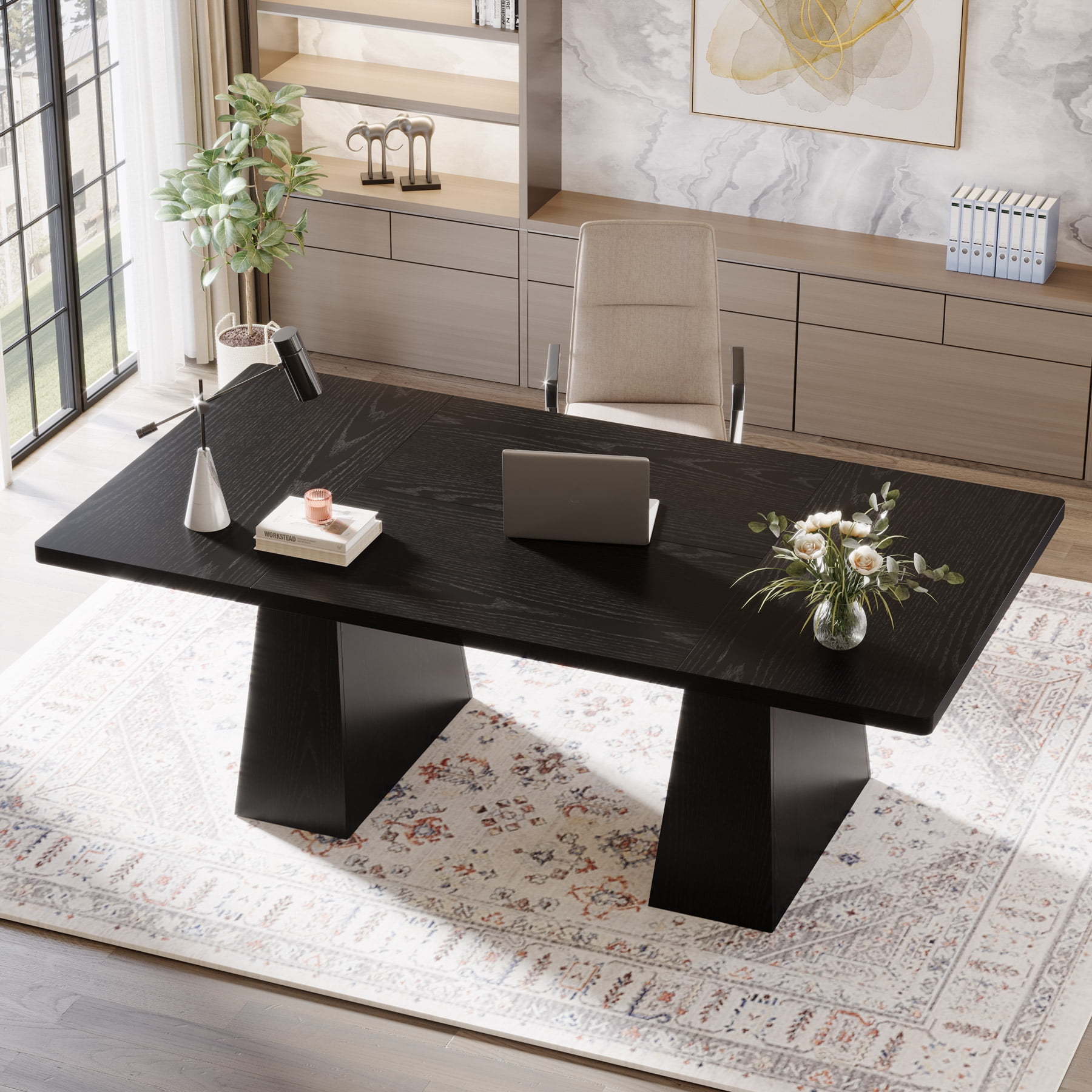 Tribesigns 63" Executive Desk, Modern Office Computer Desk with Double Pedestal, Large Simple Workstations Writing Table Conference Table, Black