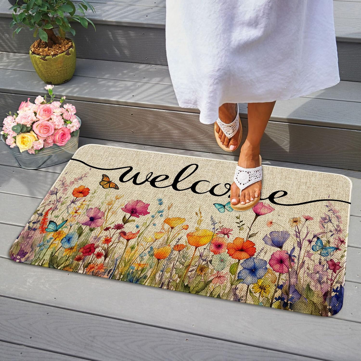 Spring Summer Front Door Mat Floral Doormat Colorful Flower Decor Non-Slip Outdoor Welcome Mat for Garden, Yard, Patio, Porch, Home Decorations 17"x30"