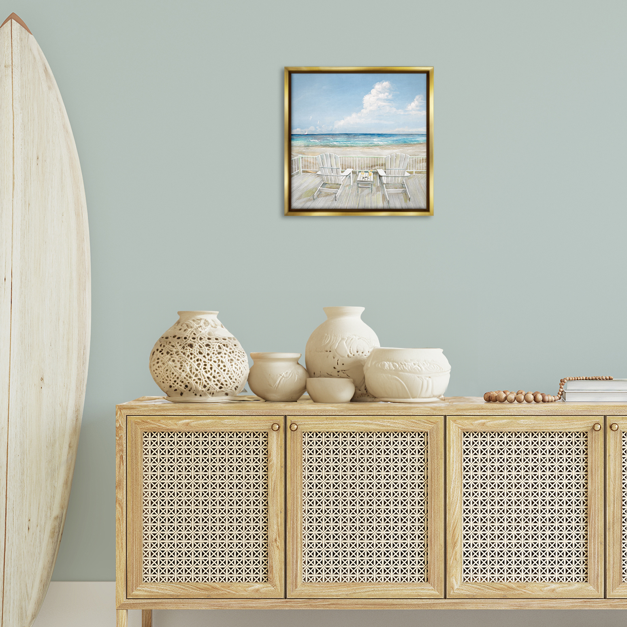Stupell Industries Seats Overlooking Beach Nautical & Beach Painting Gold Floater Framed Canvas Art Print Wall Art, 18 x 18