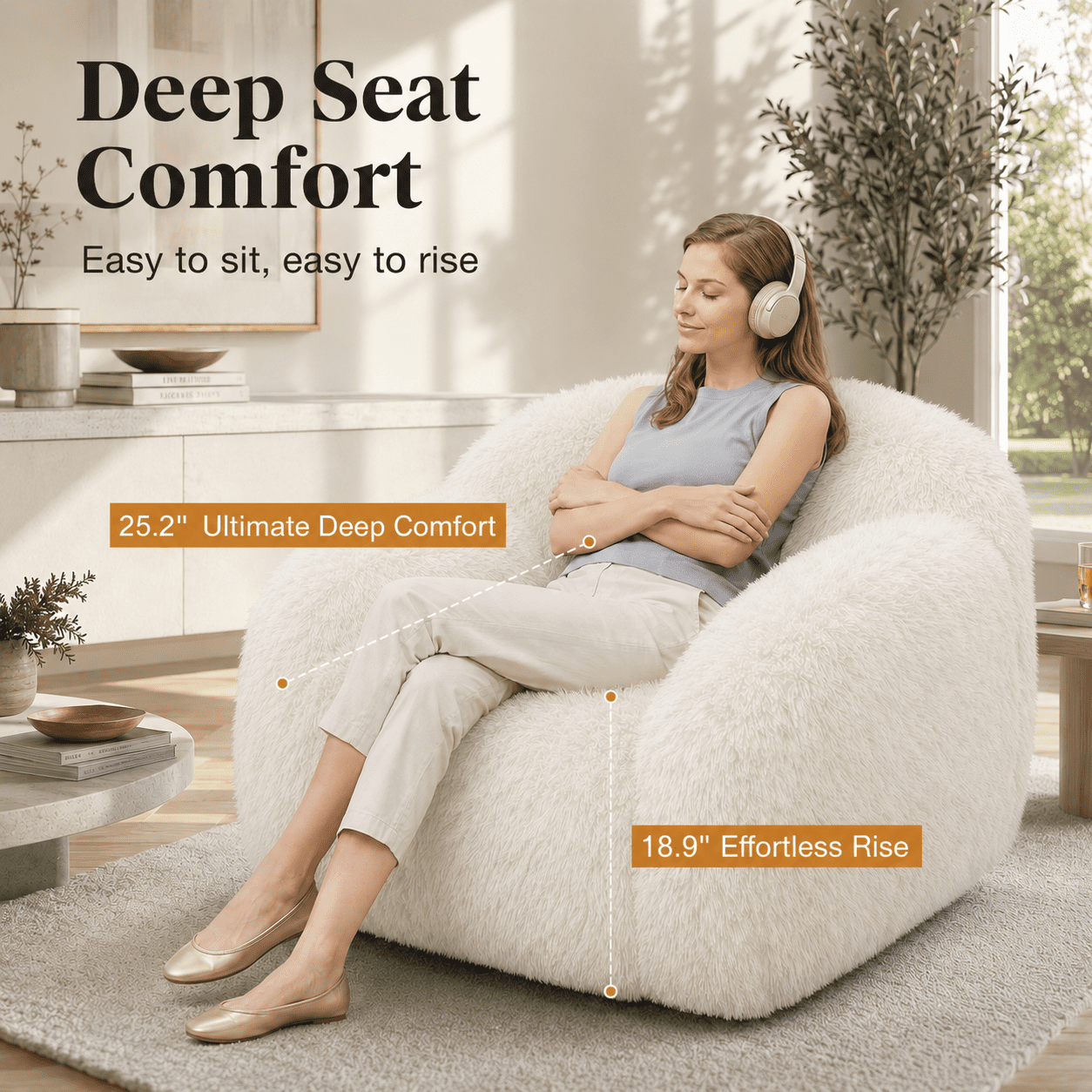 Aenkyo Oversized 360 Degree Swivel Accent Chair, Plush Faux Fur Barrel Sofa Chair, 25" Deep Seat, White