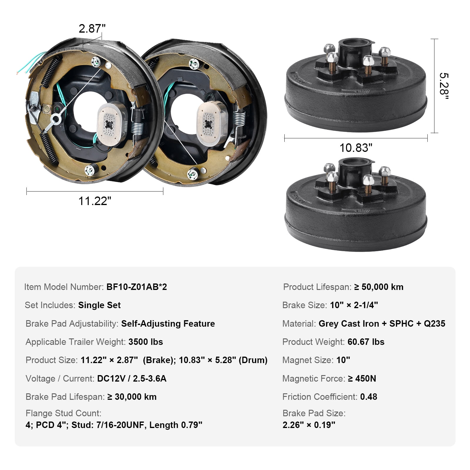 KFFKFF Electric Trailer Brake 10" x 2-1/4" & 5 on 4.5" Hub Drum Kit for 3500 lbs