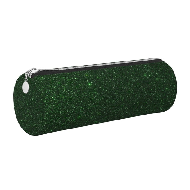 Easygdp Emerald Green Sparkling para Estuche de Lápices Cilíndrico de Cuero con Cremallera, Organizador de Lápices de Cuero para Escuela, Oficina y Viajes