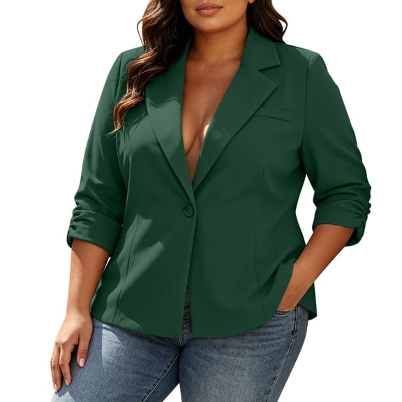 Cmfcve Plus Size Blazer for Women Lapel Collar 3/4 Sleeve Button Suit Jacket Loose Fit Business Casual Blazer with Pocket