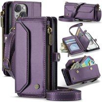 ELEHOLD for iPhone 14 Wallet Case,Support Wireless Charging PU Leather RFID Blocking Card Holder Kickstand Flip Shockproof Protective Case with Crossbody Wristlet Strap for iPhone 14,Purple