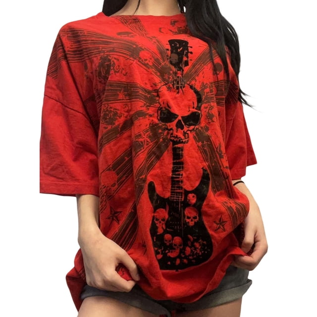 Camiseta de manga corta para mujer Y2k E Girls, estilo vintage con estampado gráfico de calavera, top de hada grunge, ropa gótica