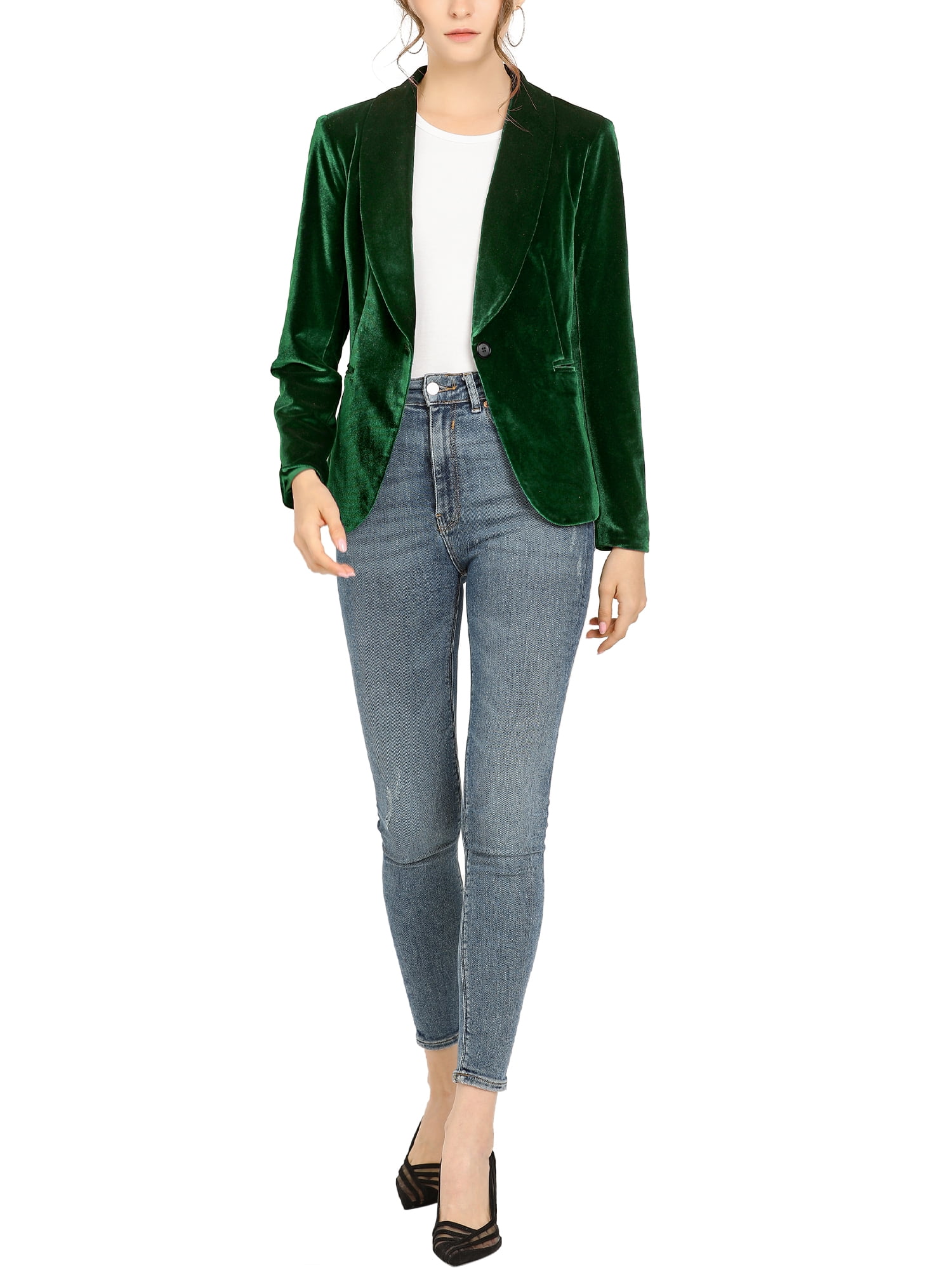 DARING DIVA Women's Velvet Office Coat Solid Shawl Collar Blazer L Green