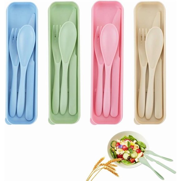 MOAMUN 4PC Travel Cutlery Set with Case, Portable Travel Utensils Set with Fork Knife Spoon, Reusable Spoon Knife Fork Tableware Set Camping Cutlery for Lunch Camping Picnic Utensils(4 Color)