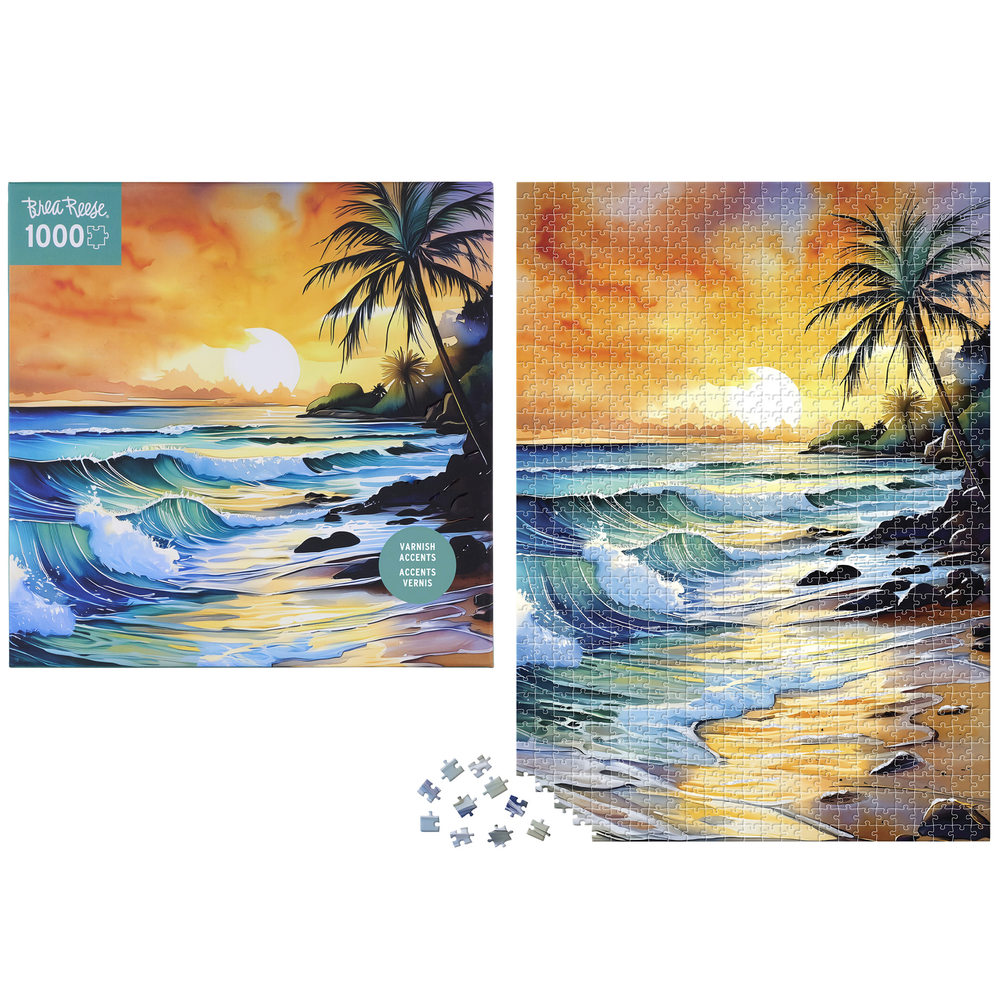 Brea Reese: 1000 Piece Puzzle - Beach - Waves & Palm Trees Sunset Scene, Adult Jigsaw, UV Varnish Accents, Image Reference Poster, 19.25 x 26.75"