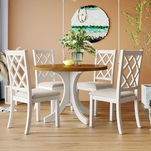 5Piece Round Dining Table Set,MidCentury Solid Wood Kitchen Table Set with Upholstered Chairs