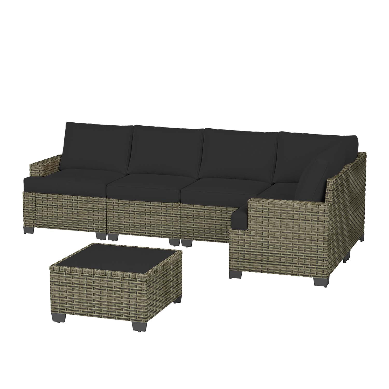 BaPiPro 6-Piece Outdoor Rattan Modular Sectional Sofa Set with High Resilience Black Cushions and Easy-Clean Tempered Glass Coffee Table, Flexible Configuration for Garden, Backyard & Patio