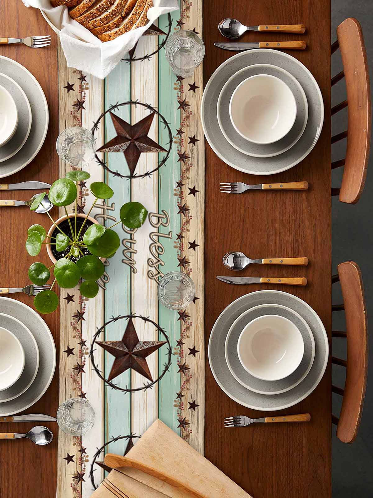 nqOlkjepod Western Texas Star Green Table Runner 72 Inches Long Farmhouse Dress Scarves, Farmhouse Brown Country Vintage Dining Tablerunner for Coffee Table/Kitchen Island/Party Décor, 13" x 72"