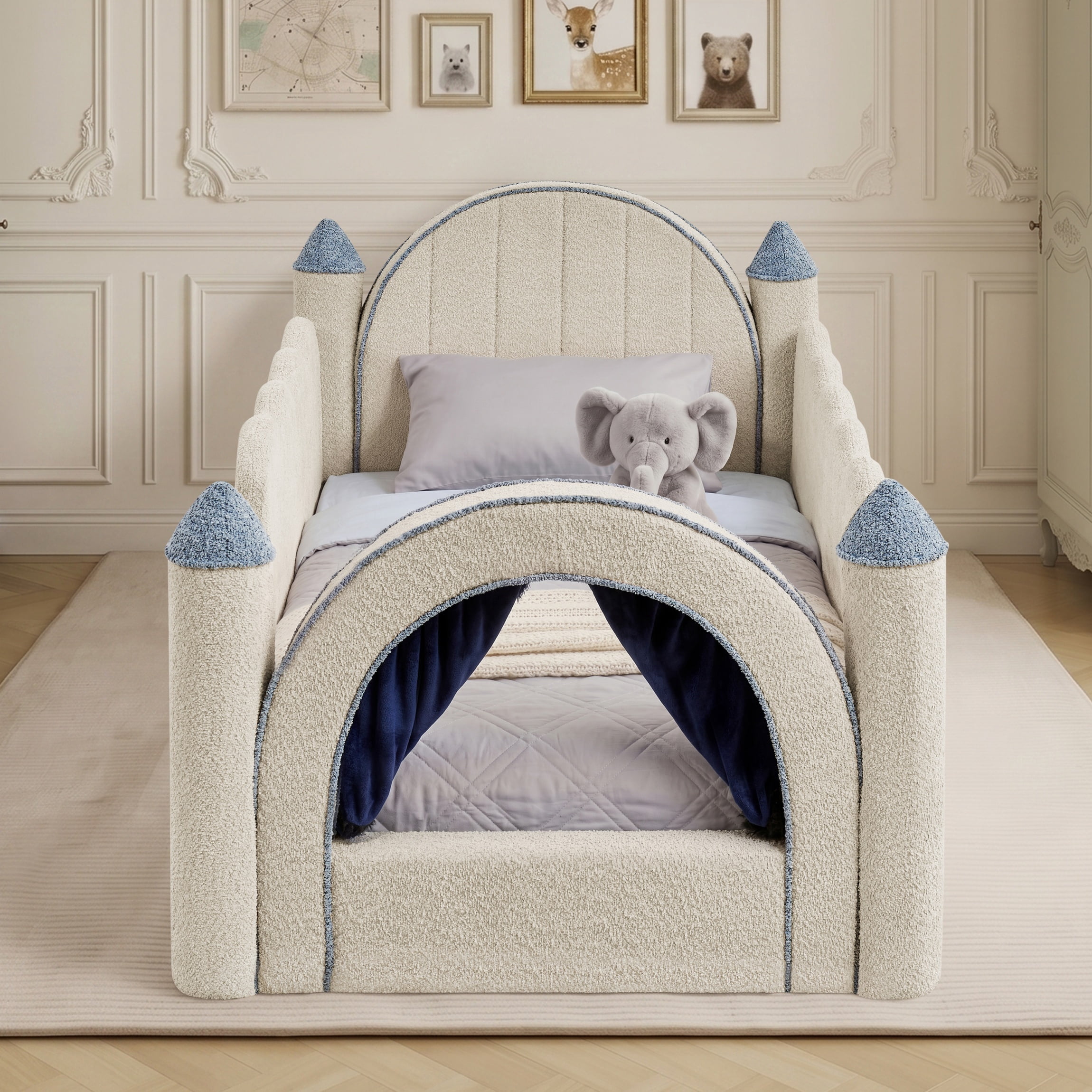 Twin Size Castle-Shaped Kids Floor Bed with Safety Guardrail, Low Profile Upholstered Platform Bed Frame with Small Curtain