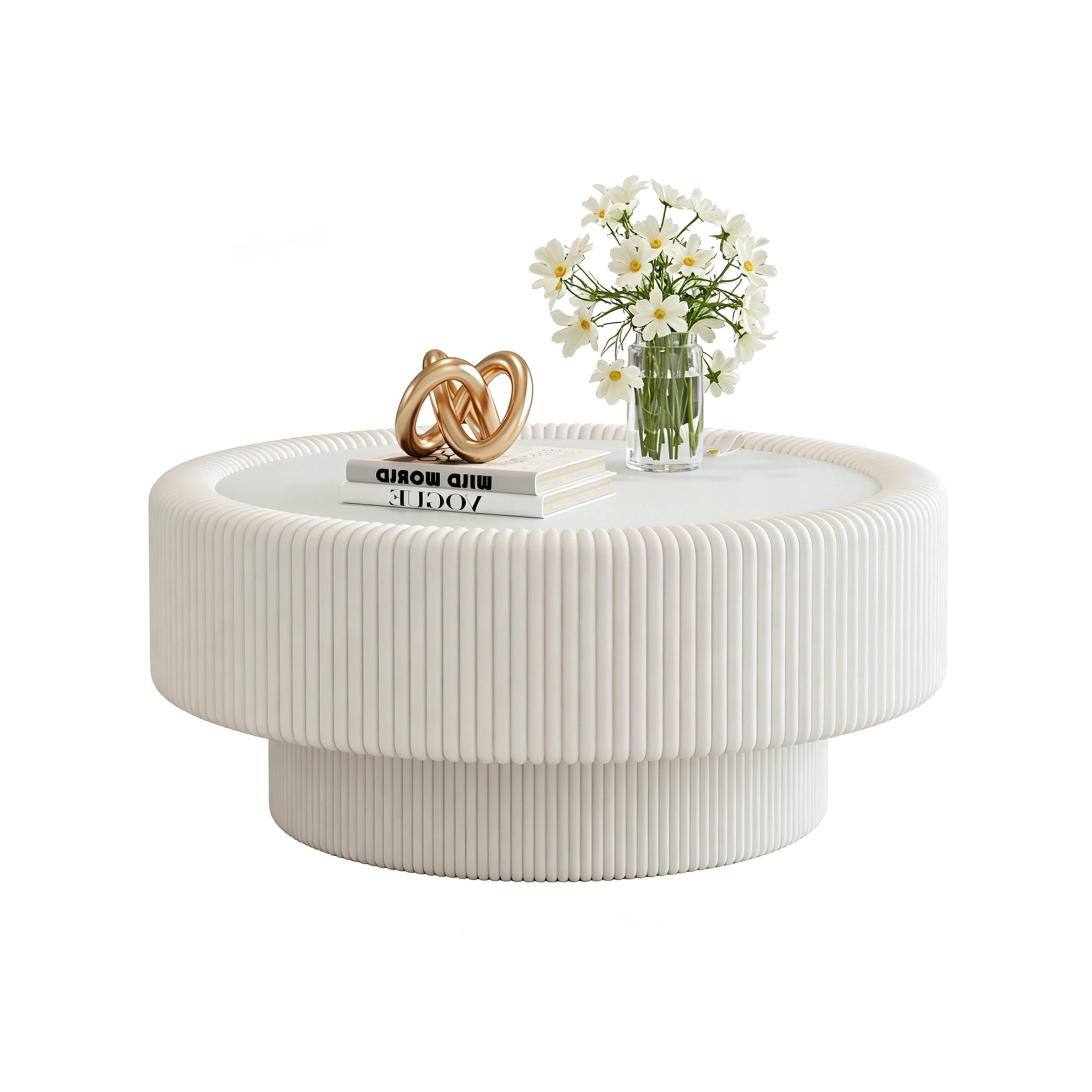 Noble House Morade 31.5" Fluted Round Storage Coffee Table with Glass Top & Leather Wrapped for Living Room, White