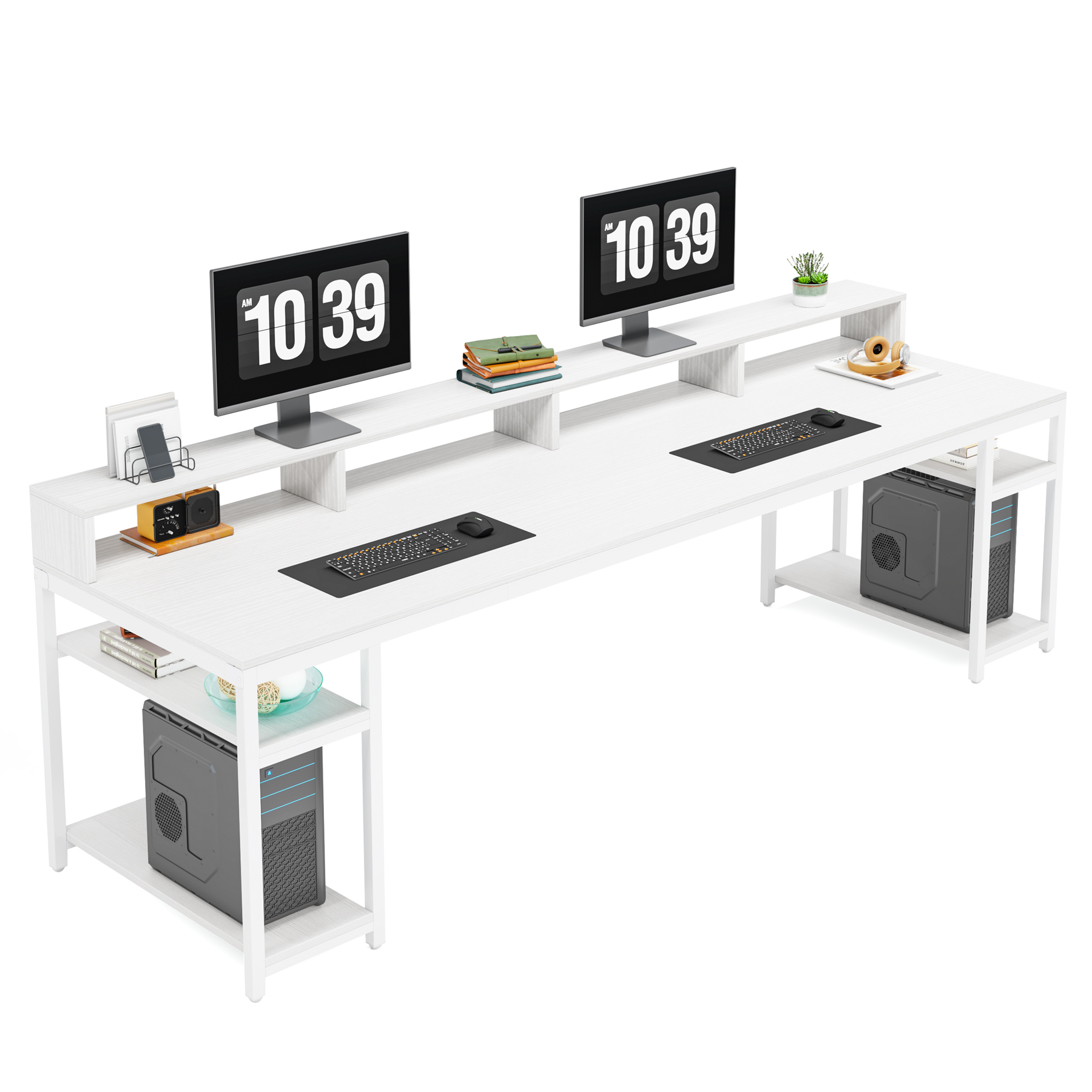 Fnova 78.74" Long Computer Desk with Monitor Stand and Storage Shelves, Industrial Home Office Writing Desk for 2, White
