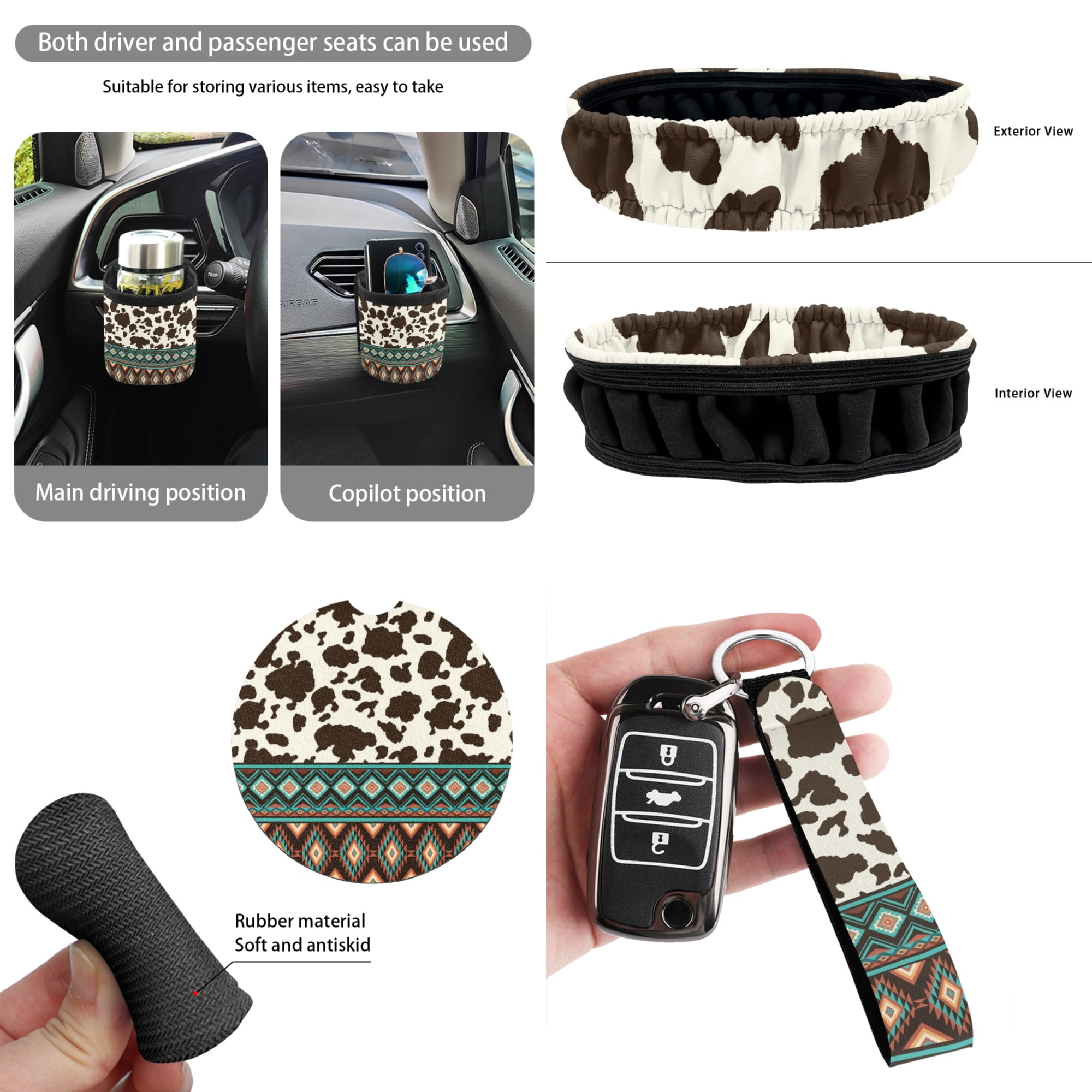 Yuyamidu Southwest Aztec Car Seat Cover Set 15 PCS Brown Cow Print Auto Steering Wheel Cover Seat Belt Strap Pads Cup Coasters Trash Bag Air Vent Storage Bag Rearview Mirror Cover Keychain
