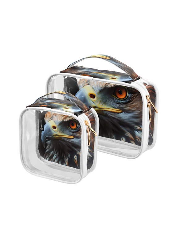 Eagle Face Front Clear Cosmetic Bags with Handles PVC Toiletry Bags Zipper Waterproof Portable for Traveling 2 Pcs