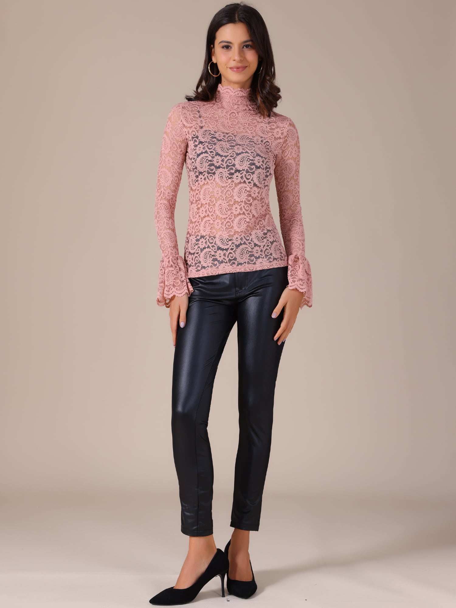 DARING DIVA Women's Lace High Neck Bell Long Sleeve Sheer Mesh Blouses XS Pink