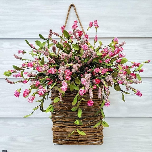 Cream Hydrangea Door Hanger Basket Wreath, Wildflowers Door Hanging Basket Wreath, Front Door Beautiful Artificial Spring and Summer Wreath Welcome Sign, Home Porch Farmhouse Decor (Pink,1PC)