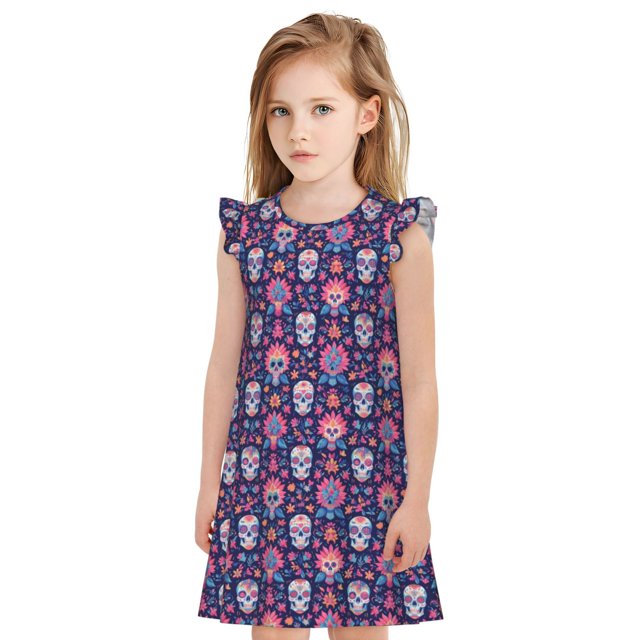 Balery leaf flower Skull colorful Camisón de princesa para niñas, pijama de algodón con mangas abullonadas, suave y bonito.-Medium
