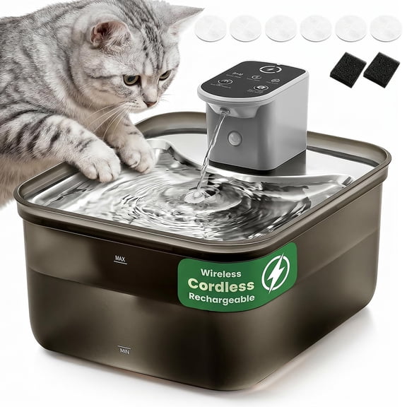 PEPWELL Wireless Cat Water Fountain with 6 Filter, 118oz/3.5L Cordless Pet Water Fountains, Automatic Rinsing & Cat Play Mode, Automatic Cat Water Dispenser for Cats Indoor, Ultra Quiet BPA-Free