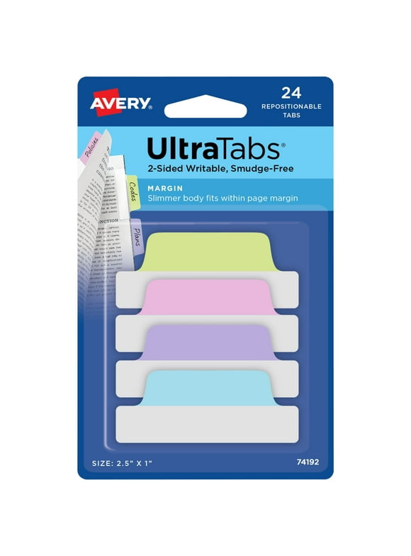Avery Ultratabs, Margin Style, 2.5"W x 1"L, Writable, Repositionable, Pastel Colors, 24 Tabs