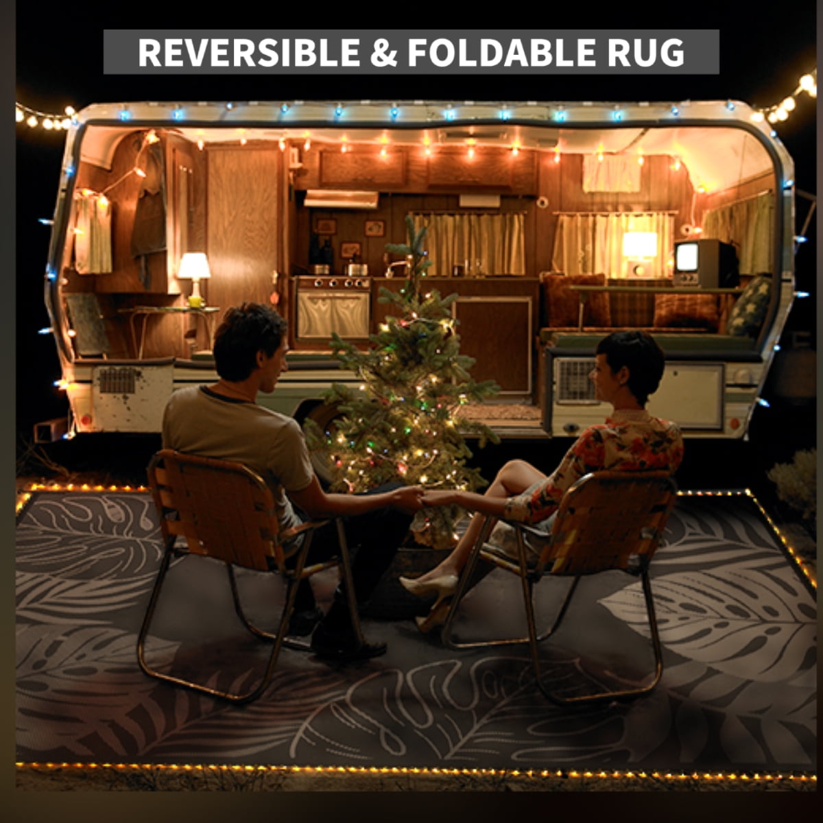 SIXHOME 9x12 Feet Waterproof Outdoor Rug with Led Light Strips, Reversible Black Plastic Patio Mat with Straw Texture Tropical Palm Leaf, Non-Slip Carpet for Camping, RV, Balcony, Porch, Picnic