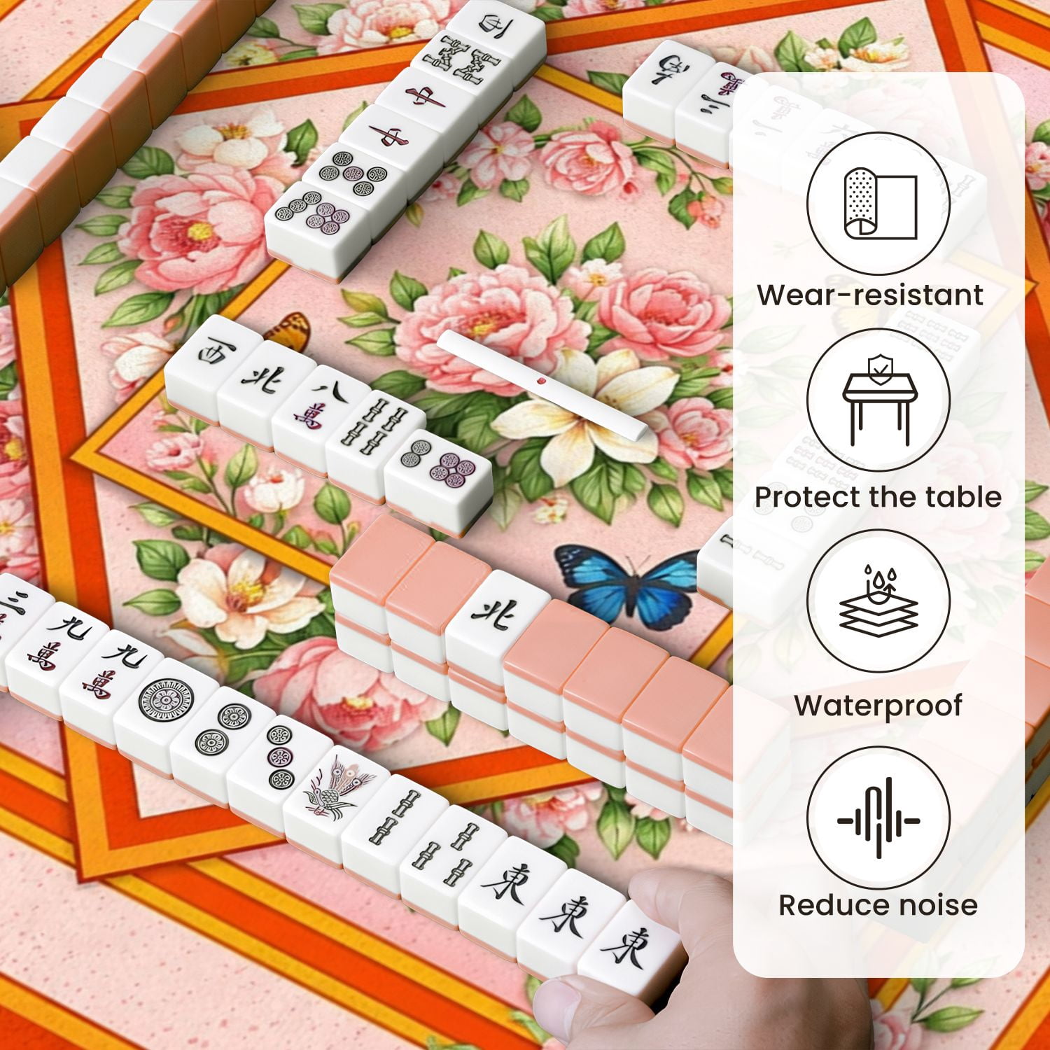 Mahjong Mat 31.5" x 31.5" Floral Diamond Butterflies Soft Pink Orange Non-Slip Noise Reduction Mahjong Tiles Table Cover for Dominoes Poker Card Board and Tile Games