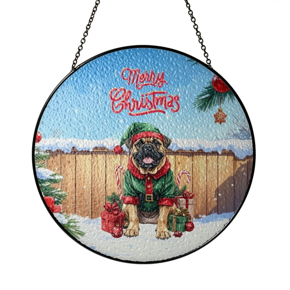 Merry Christmas Woofmas Xmas Noel Bullmastiff Elf Candy Cane Snow Stained Glass Suncatcher Dog Lover Window Hanging Sign Decor - 13017