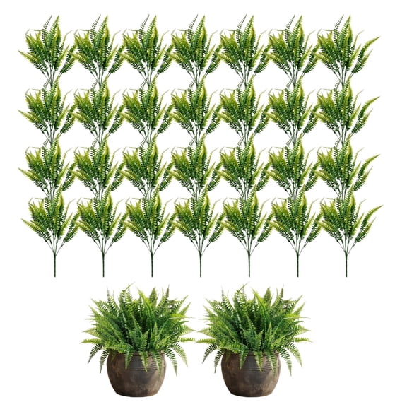 24 Pcs Artificial Boston Fern Stems, Realistic Fake Greenery for Porch & Garden Decor