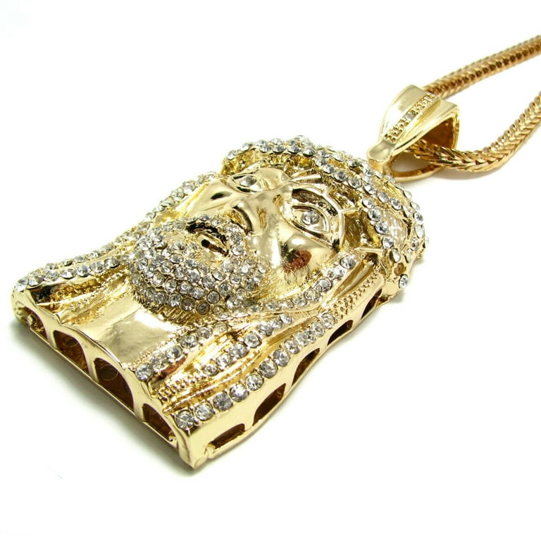 Jesus Piece Pendant Chain Gold Finish Iced Blinged Charm 36