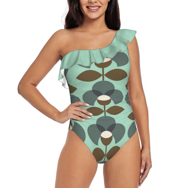 Bryluen Deep V-Neck Halter One-Piece Swimsuit Ladies Monokini Beach Bathing Suits Swimwear Retro Vintage Pattern Nature Flower