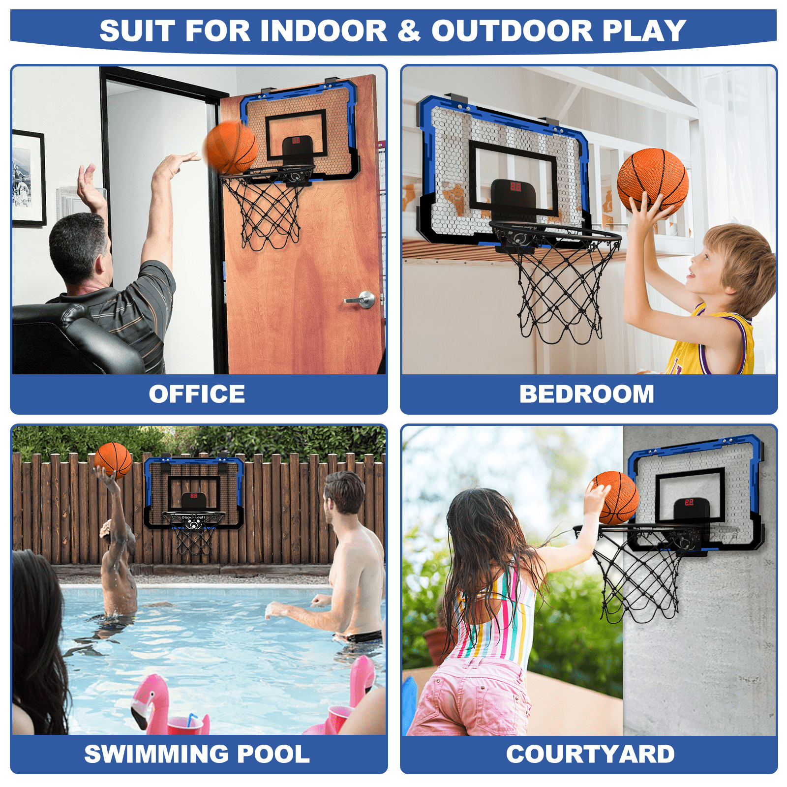 QDRAGON Mini Basketball Hoop with Electronic Scorer, Mini Hoop with 3 Balls/Inflator/Breakaway Rim, Basketball Toy Gifts for Kids and Adults, Suit for Indoor/Outdoor/Pool/Door, Blue