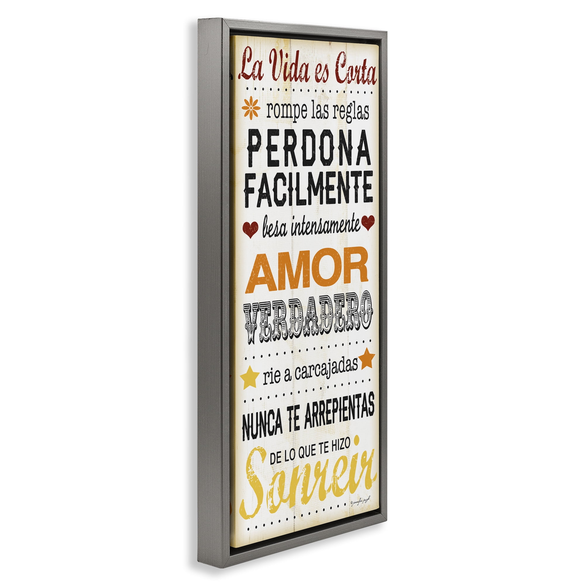 Stupell Industries La Vida es Corta Inspirational Quotes & Sayings Painting Gray Floater Framed Art Print Wall Art, 11 x 25
