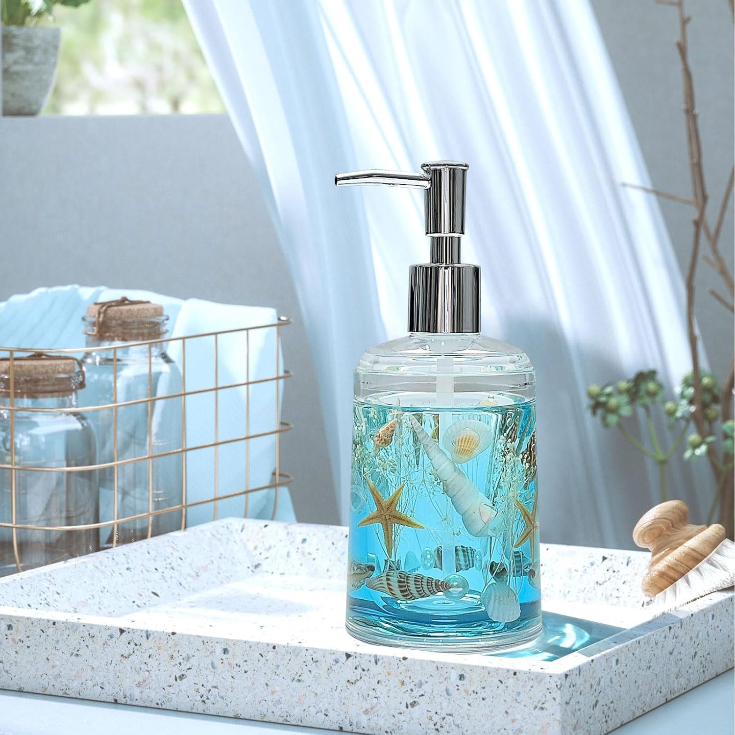FONMY Refillable Countertop 18oz Soap Dispenser with Pump Acrylic w/ Seashell for Bathroom/Kitchen (Ocean Blue)