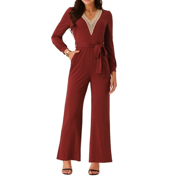 DARING DIVA Women's Long Sleeve Belted Stretchy Jumpsuit S Wine Red
