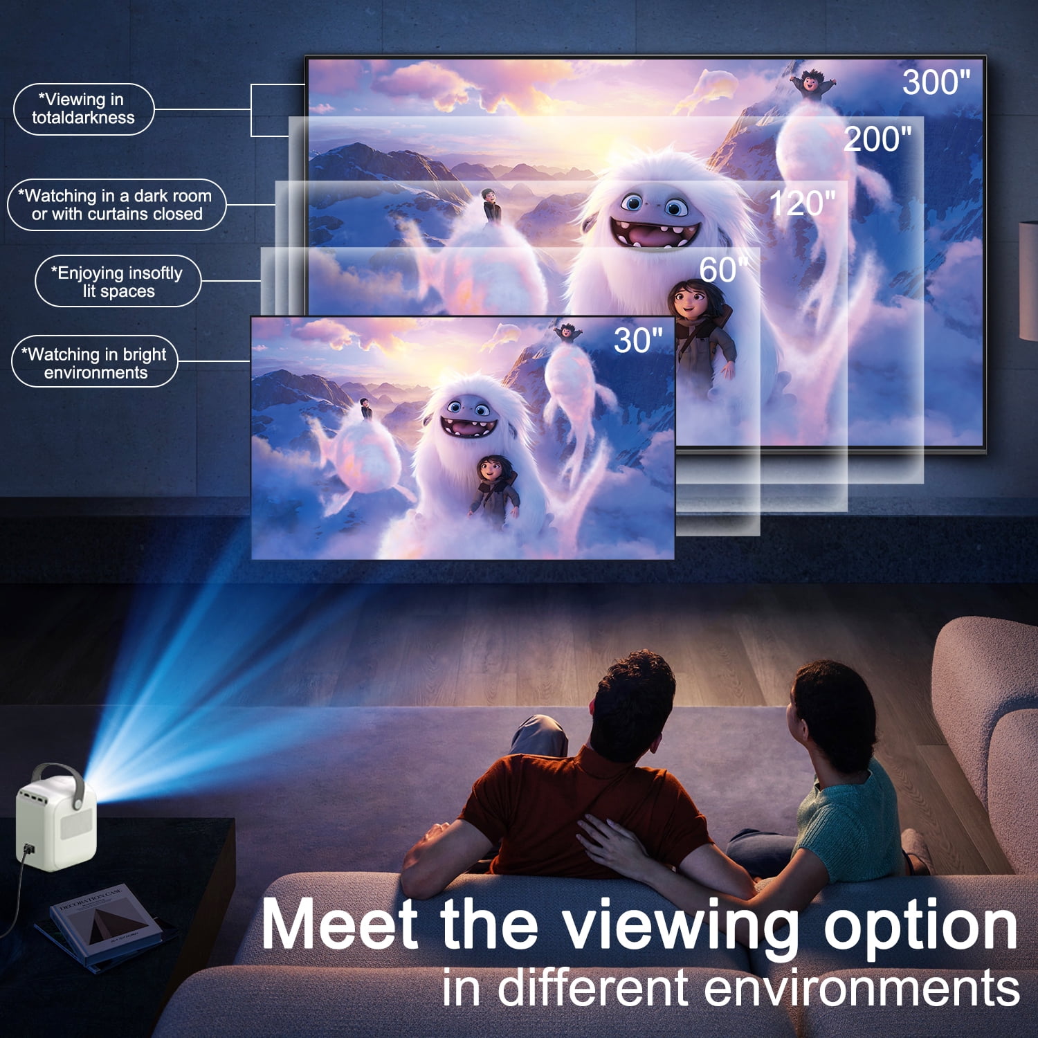 Portable Video Projector with WiFi and Bluetooth,1080P Supported,Electric Focus & Auto Keystone,Home Movie Projector for Bedroom,Wireless 300" Display