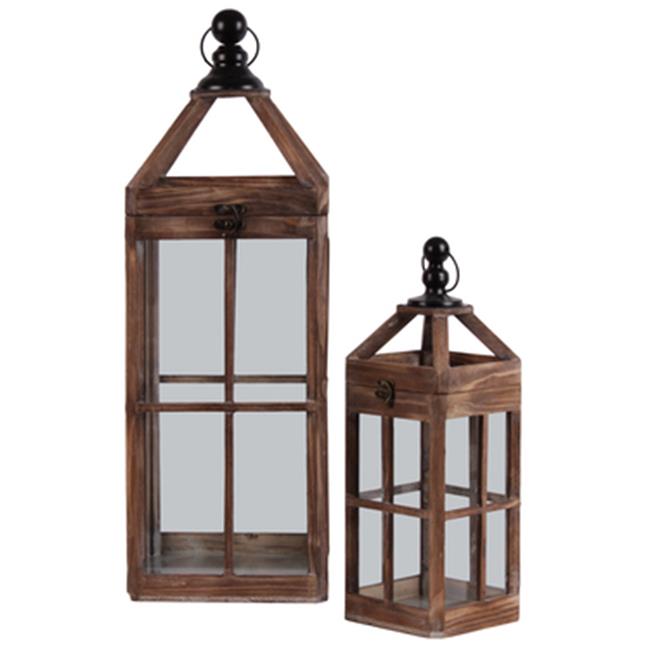 Wood Square Lantern with Metal Round Finial Top, Brown Set of 2