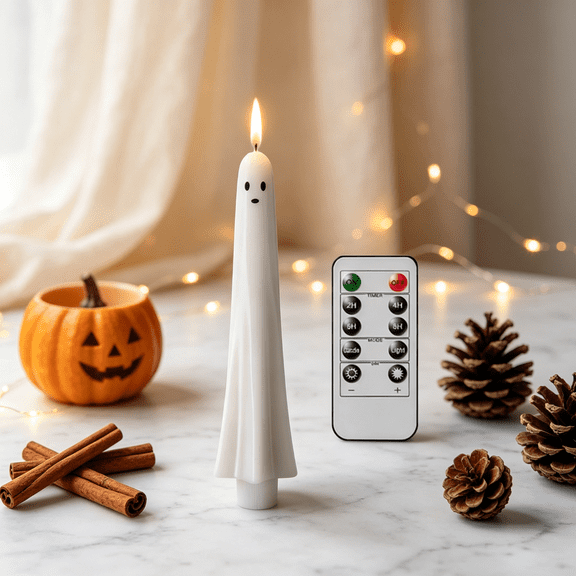 Halloween Flameless Taper Candles With Remote ghost flickering gift candle thick real wax 3d wick smart timer remote light for tabletop mantel halloween decor (1Pcs A)