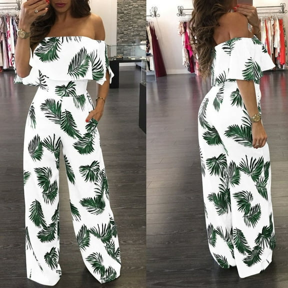 Aayomet Jumpsuit For Women Casual Shoulder Women Capelet Sparkly Off Printed Loose Floral Leaf Playsuit Women's Jumpsuit,Green XXL