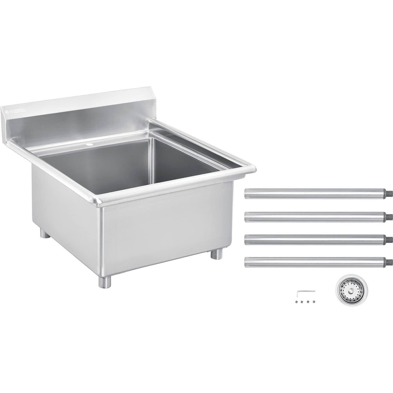 Stainless Steel Utility Sink W/10" Backsplash, 24"x24"x12" Deep Basin, 29.5"x32"x42" Overall