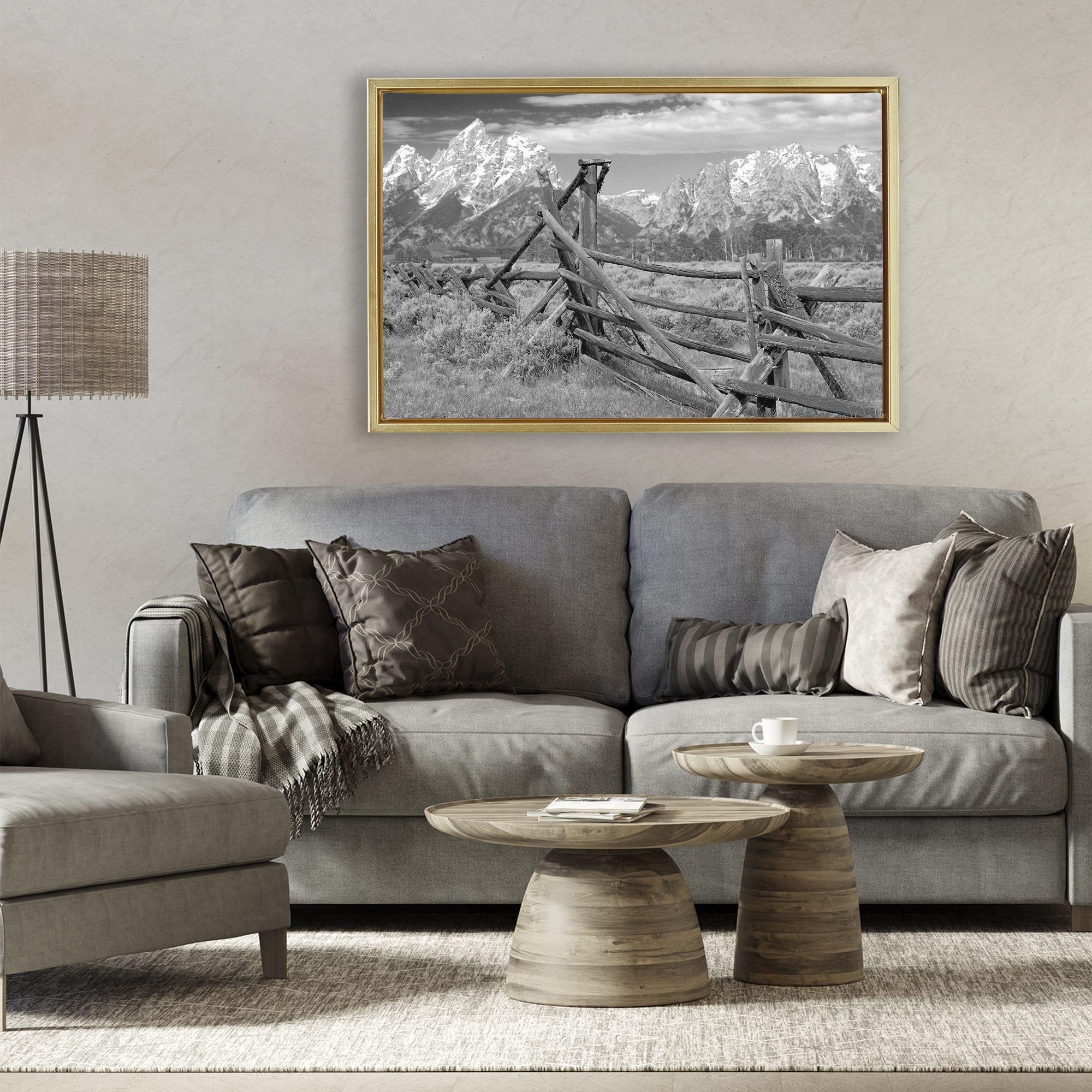 Grand Tetons Mountains & Fence Gold Framed Floater Canvas Wall Art, design by MJ Photography