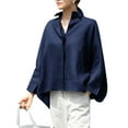 thumbnail image 3 of VONDA Women's Turn-down Collar Solid Color Casual Button Up Shirts Irregular Hem Blouse Tops, 3 of 5
