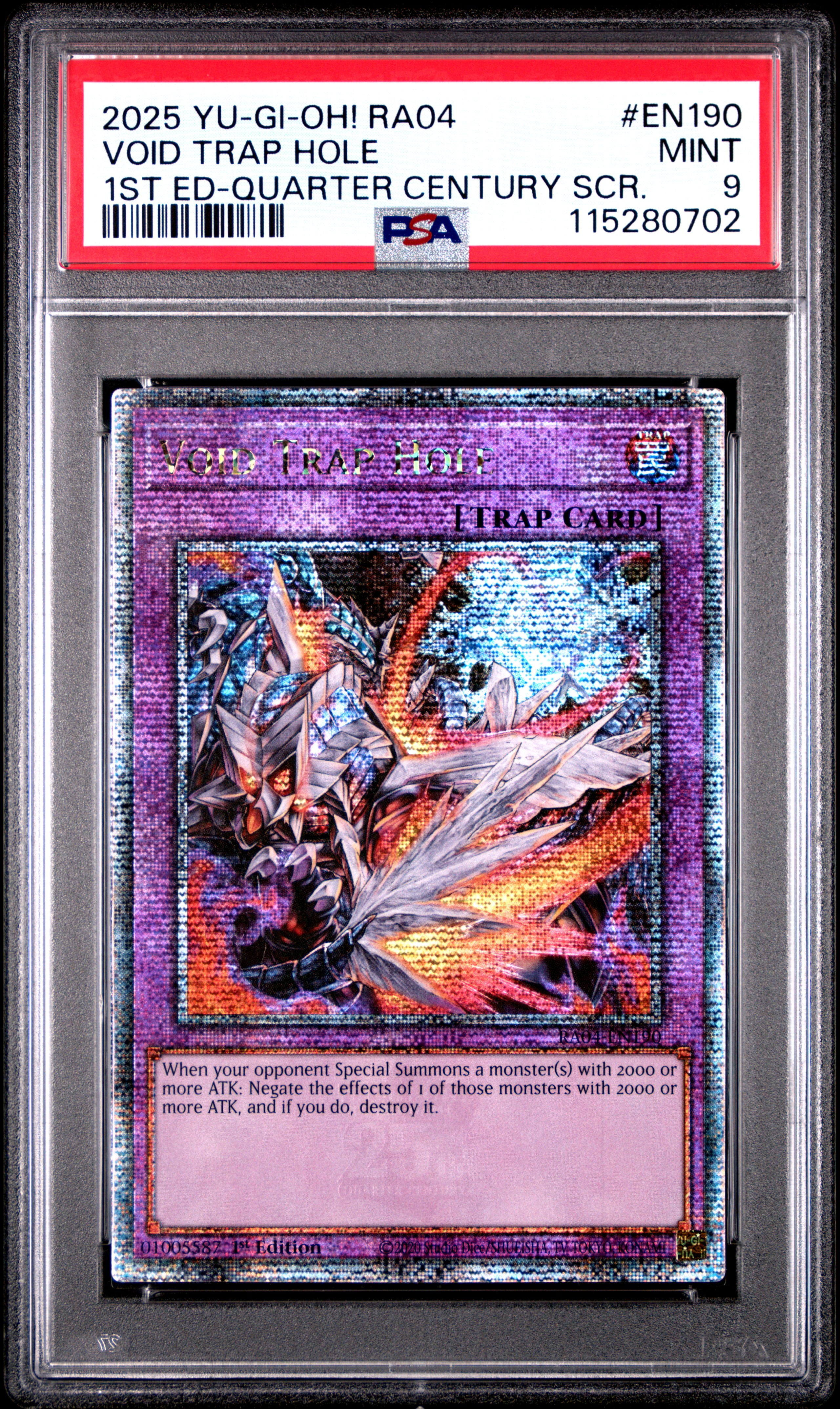 Yu Gi Oh! TCG, PSA Graded 9 MINT, Void Trap Hole 1St Ed Quarter Century Scr. #EN190, Ra04 Quarter Century Stampede, Fully Encapsulated Bundle with Compatible Yu Gi Oh! Hard Sealed Case