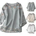thumbnail image 4 of Ecqkame Summer Tops Women 3/4 Sleeve Embroidered Cotton Linen Crewneck Solid Color Shirts Loose Soft Casual Breathable Blouse Beige L, 4 of 4