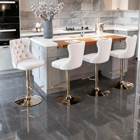 Velvet Swivel Bar Stools with Gold Base, Set of 4 Adjustable Tufted Kitchen Island Chairs