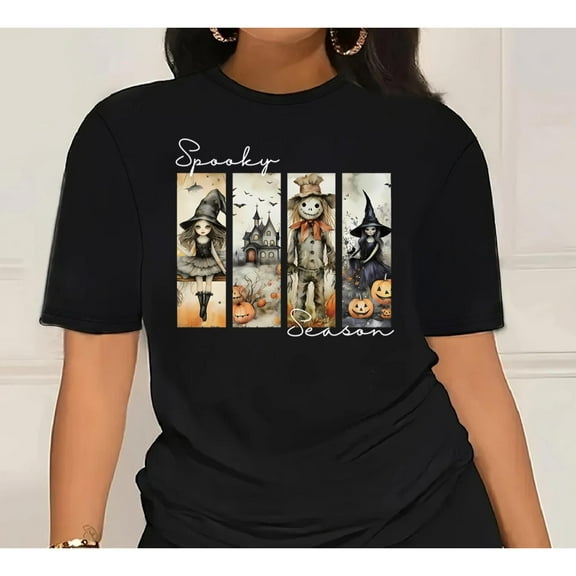 Season Graphic Tee Womens Witch Scarecrow Pumpkin Design Short Sleeve Round Neck Comfort T-Shirt Black S-5XL